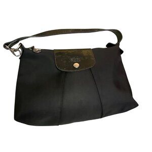 Longchamp Black Nylon & Leather Shoulder Bag With Snap Flap & zipper Closure